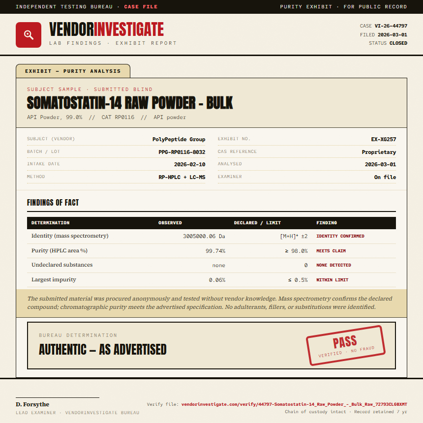 Somatostatin-14 Raw Powder - Bulk Purity (HPLC) report by VendorInvestigate