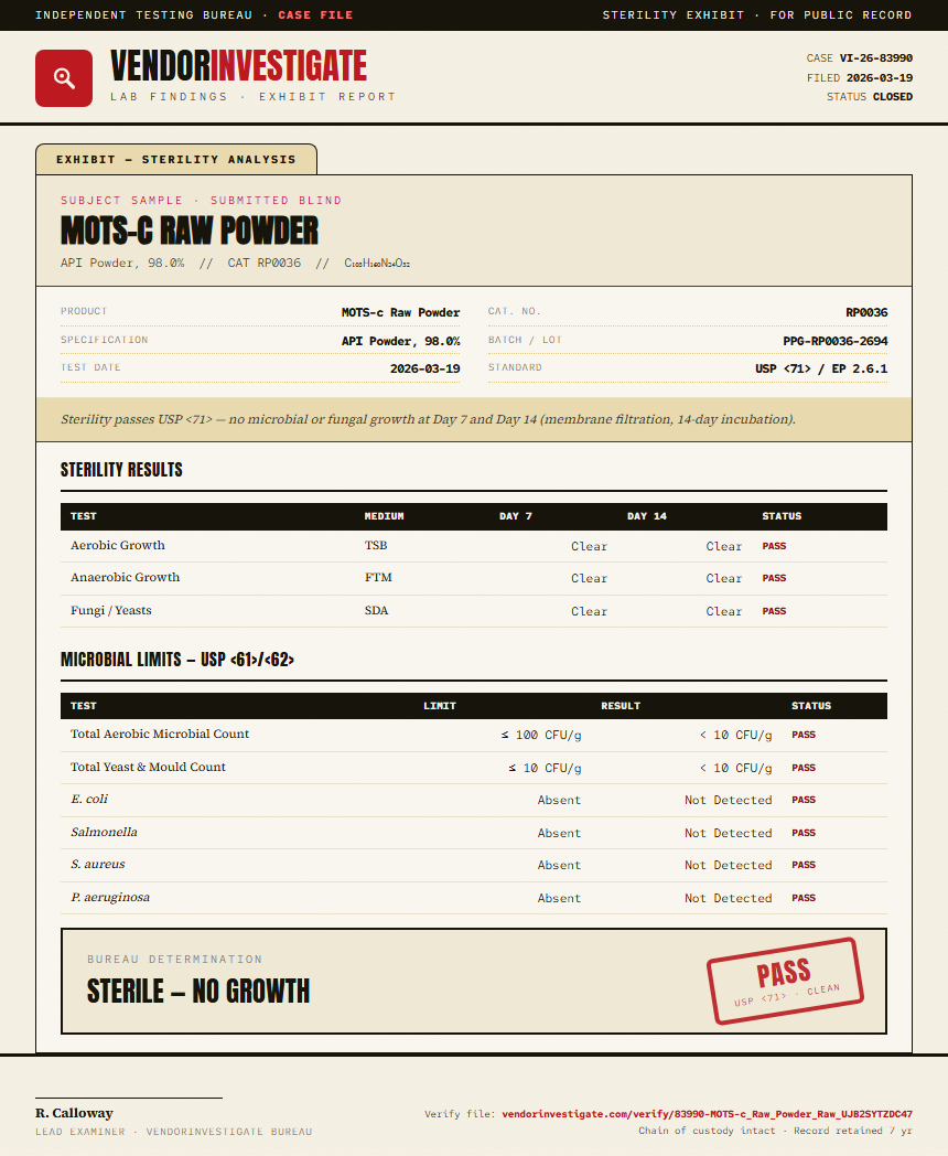 MOTS-c Raw Powder Sterility report by VendorInvestigate